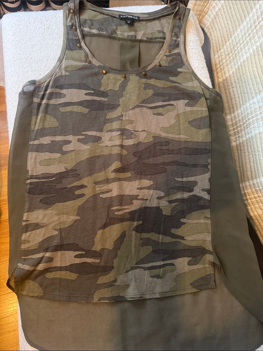 Express XS Camo Mixed Media Tank Top Sheer High Low Back Studded